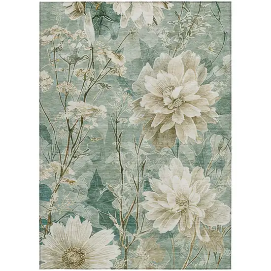Green And Beige Floral Washable Indoor Outdoor Area Rug Photo 2