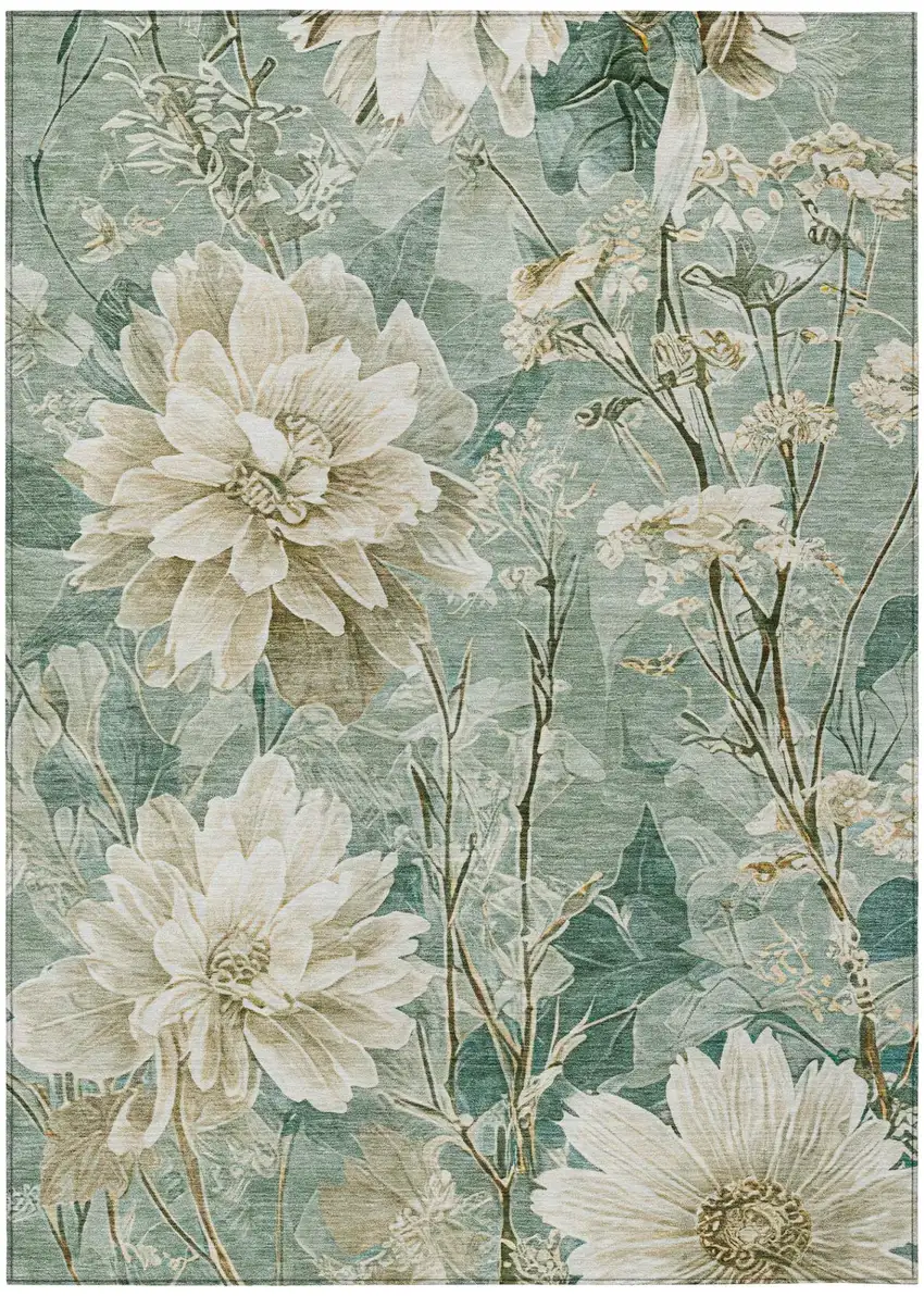 Green And Beige Floral Washable Indoor Outdoor Area Rug Photo 3