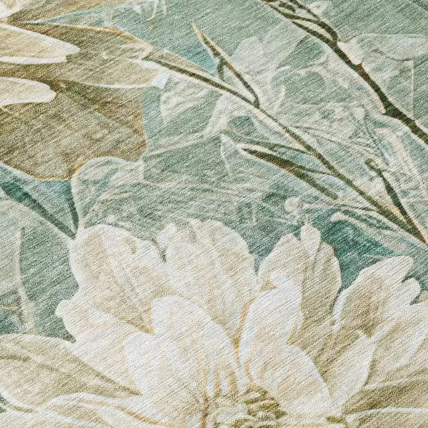 Green And Beige Floral Washable Indoor Outdoor Area Rug Photo 6