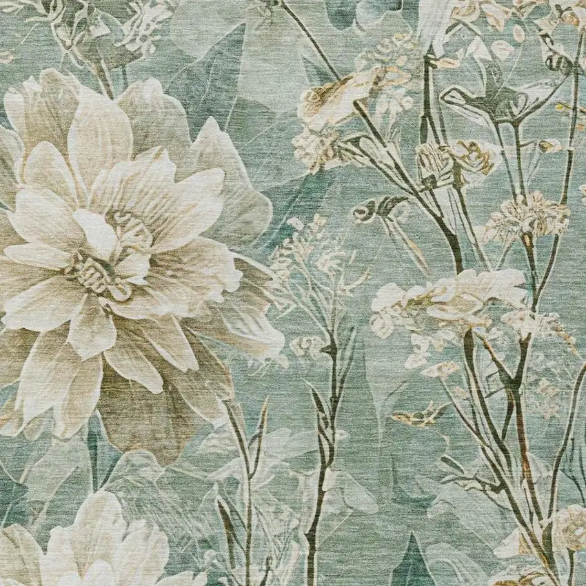 Green And Beige Floral Washable Indoor Outdoor Area Rug Photo 7