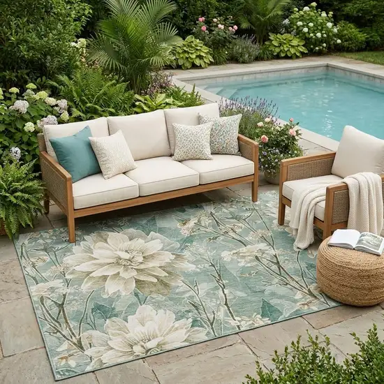 Green And Beige Floral Washable Indoor Outdoor Area Rug Photo 1