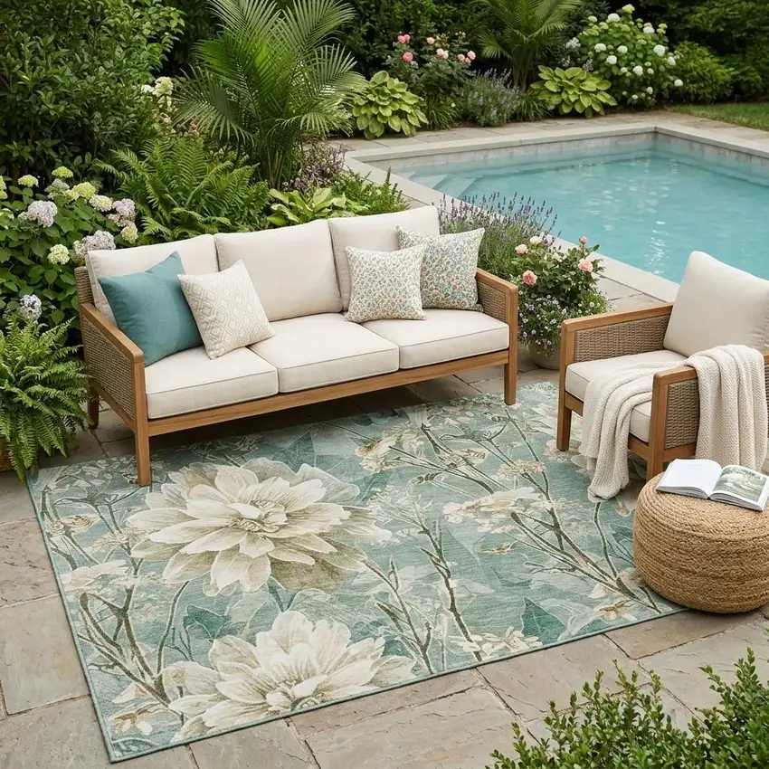 Green And Beige Floral Washable Indoor Outdoor Area Rug Photo 1