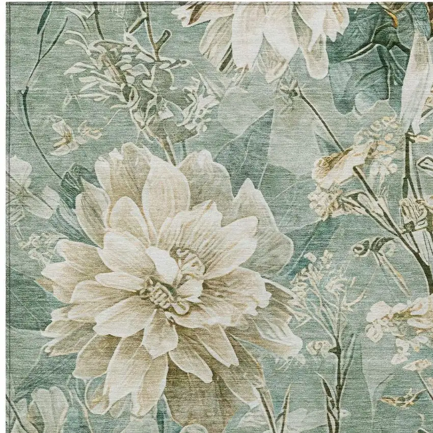 Green And Beige Floral Washable Indoor Outdoor Area Rug Photo 5