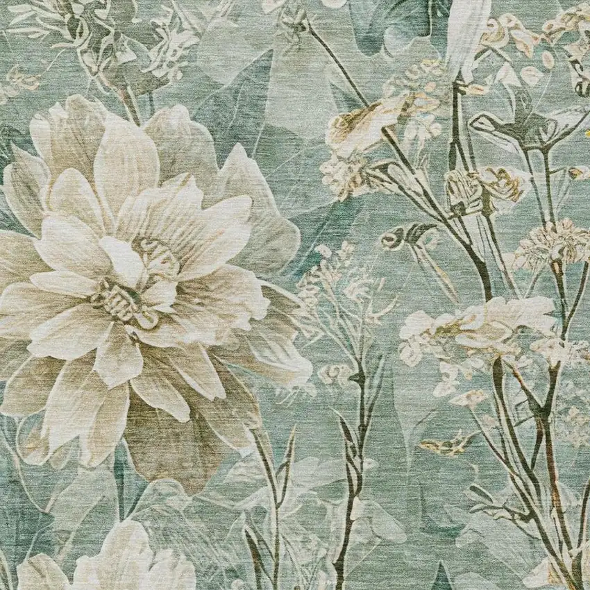 Green And Beige Floral Washable Indoor Outdoor Area Rug Photo 4