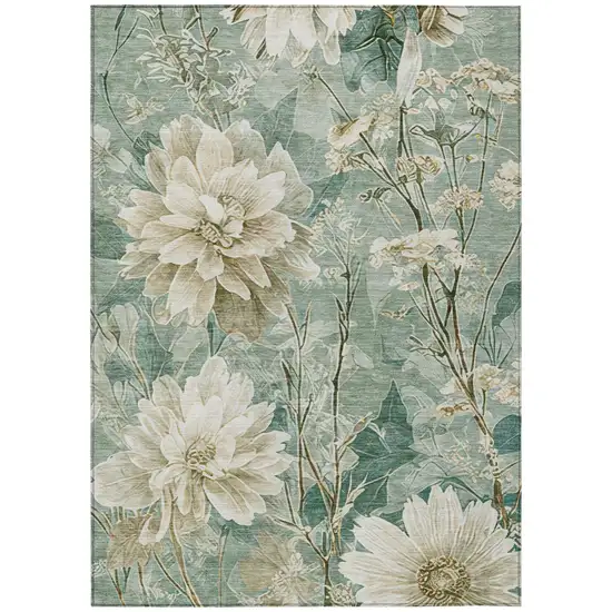 Green And Beige Floral Washable Indoor Outdoor Area Rug Photo 3