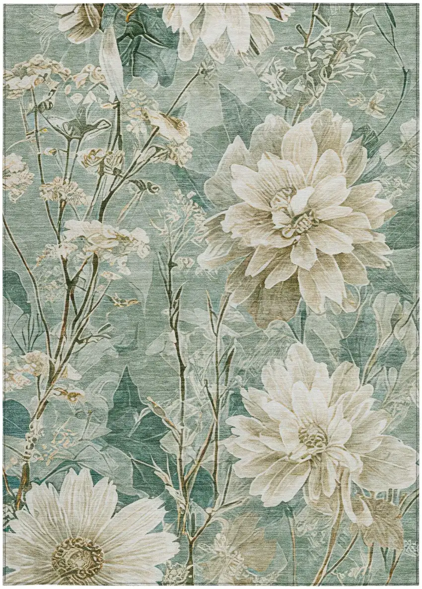 Green And Beige Floral Washable Indoor Outdoor Area Rug Photo 2