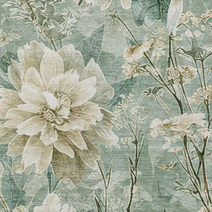 Green And Beige Floral Washable Indoor Outdoor Area Rug Photo 9
