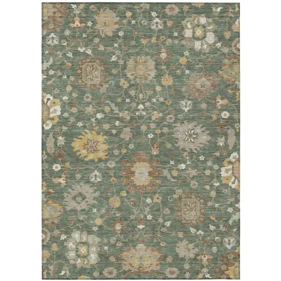 Green And Beige Floral Washable Indoor Outdoor Area Rug Photo 2