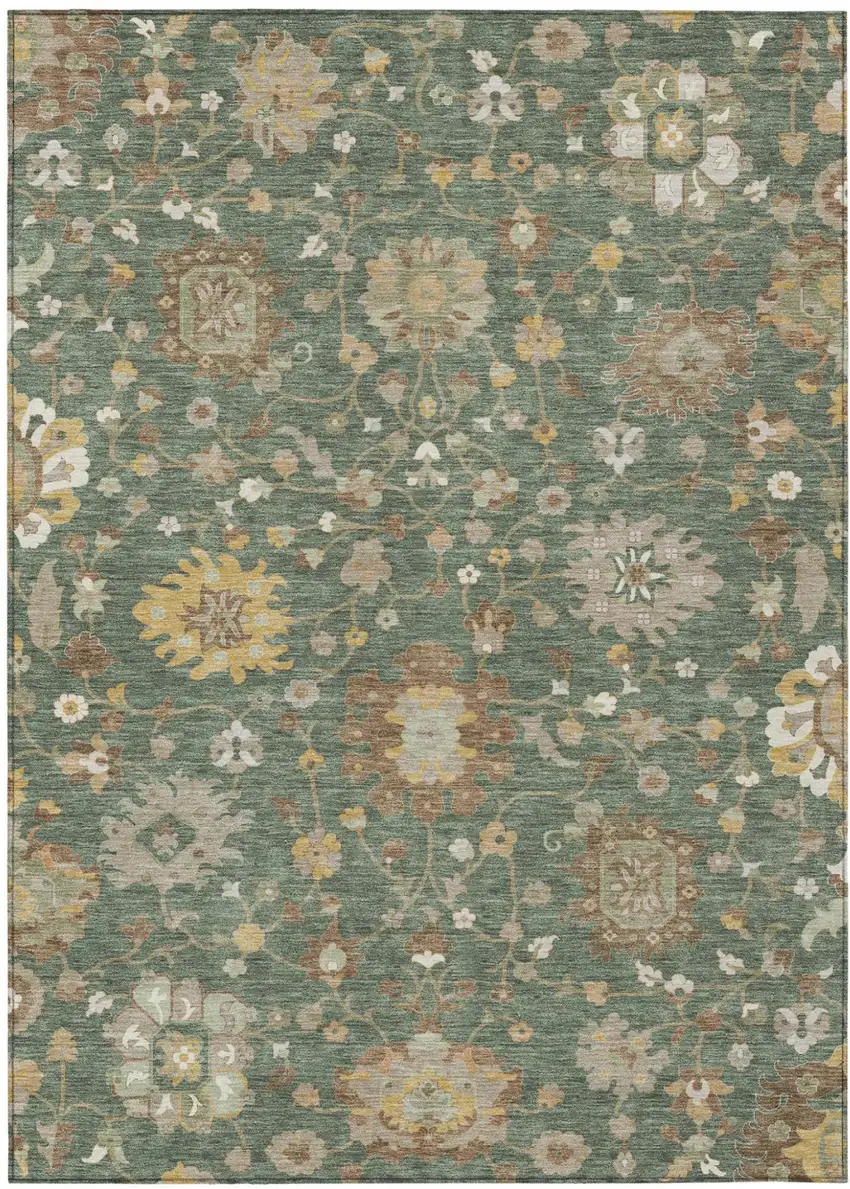 Green And Beige Floral Washable Indoor Outdoor Area Rug Photo 2