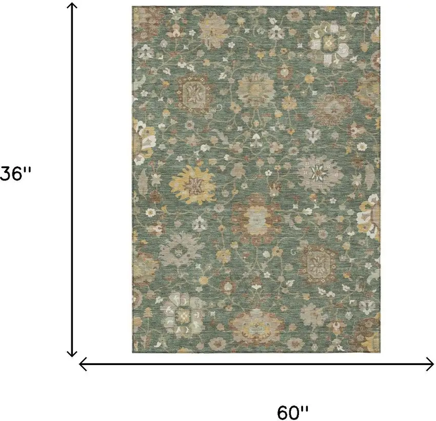 Green And Beige Floral Washable Indoor Outdoor Area Rug Photo 6