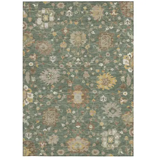 Green And Beige Floral Washable Indoor Outdoor Area Rug Photo 3