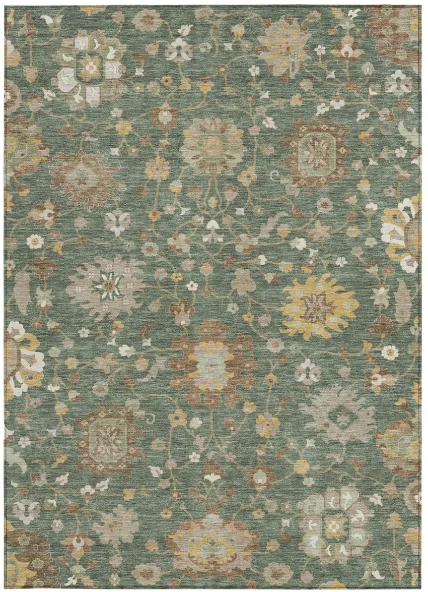 Green And Beige Floral Washable Indoor Outdoor Area Rug Photo 3