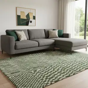 Photo of Green And Beige Geometric Berber Washable Area Rug With UV Protection