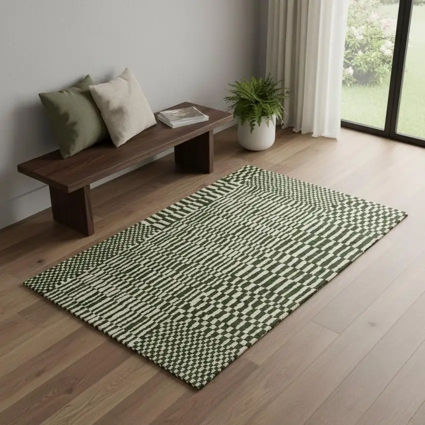 Green And Beige Geometric Berber Washable Area Rug With UV Protection Photo 1