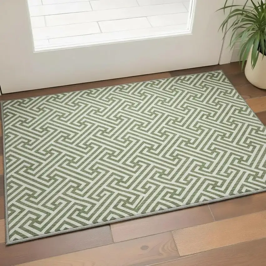 Green And Beige Geometric Washable Area Rug With UV Protection Photo 2
