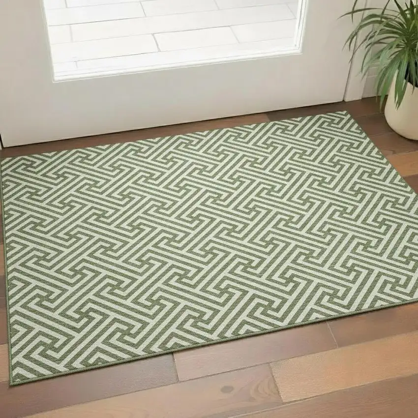 Green And Beige Geometric Washable Area Rug With UV Protection Photo 1