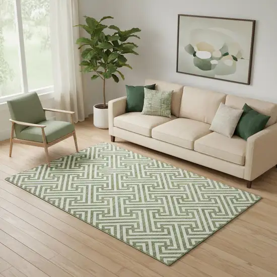 Green And Beige Geometric Washable Area Rug With UV Protection Photo 1