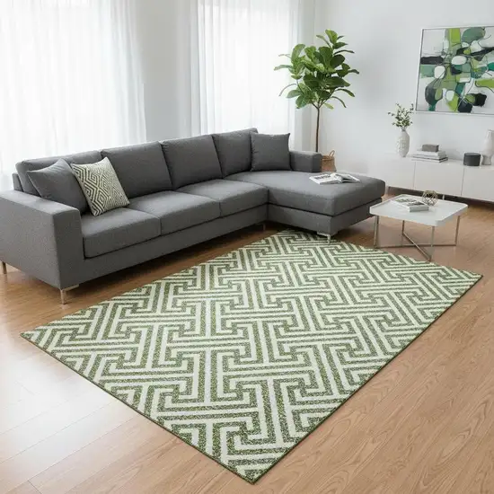 Green And Beige Geometric Washable Area Rug With UV Protection Photo 2