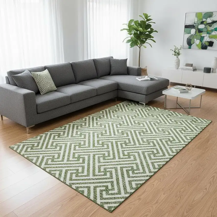 Green And Beige Geometric Washable Area Rug With UV Protection Photo 2