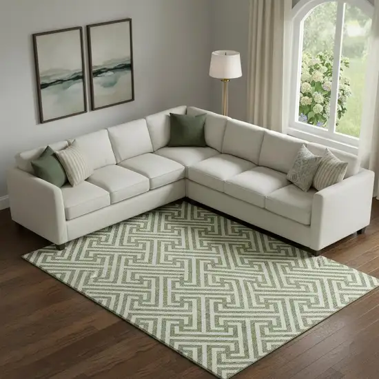 Green And Beige Geometric Washable Area Rug With UV Protection Photo 1