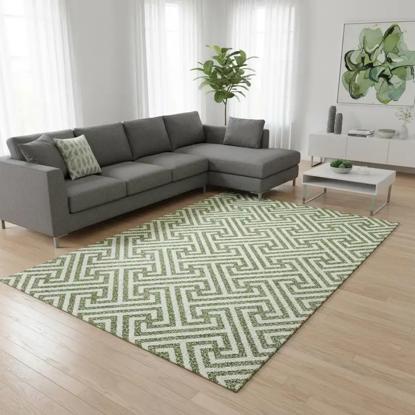 Green And Beige Geometric Washable Area Rug With UV Protection Photo 2