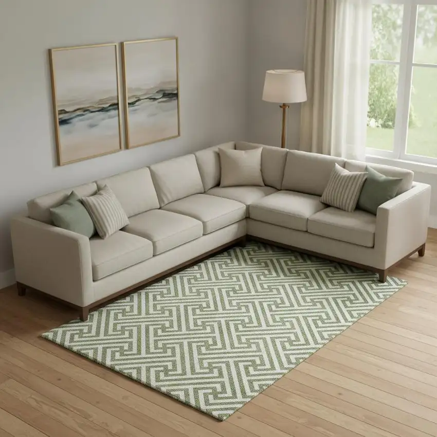 Green And Beige Geometric Washable Area Rug With UV Protection Photo 1