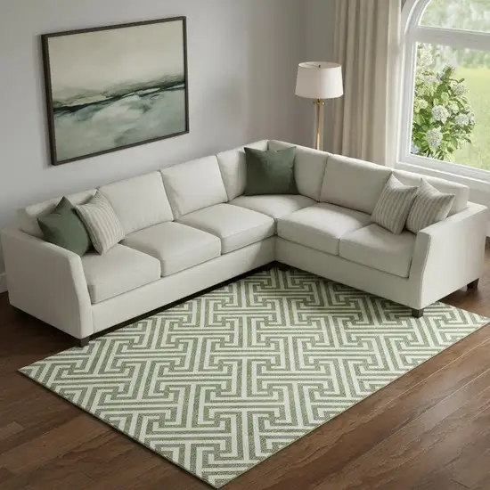 Green And Beige Geometric Washable Area Rug With UV Protection Photo 3