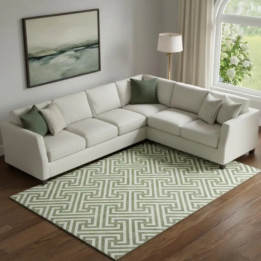 Green And Beige Geometric Washable Area Rug With UV Protection Photo 3