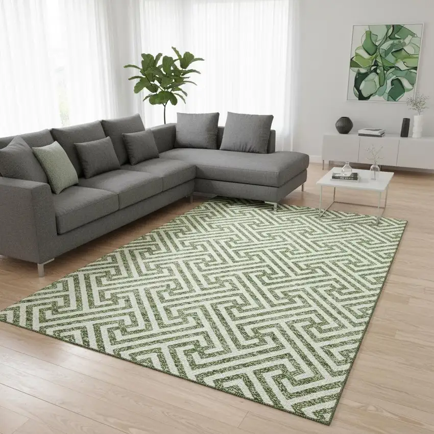 Green And Beige Geometric Washable Area Rug With UV Protection Photo 2