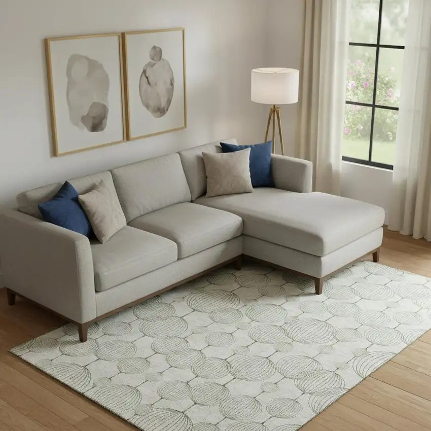 Green And Beige Geometric Washable Area Rug With UV Protection Photo 1