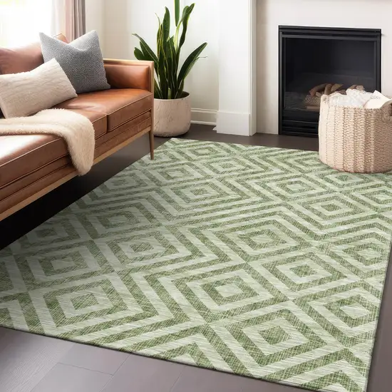 Green And Beige Geometric Washable Area Rug With UV Protection Photo 6