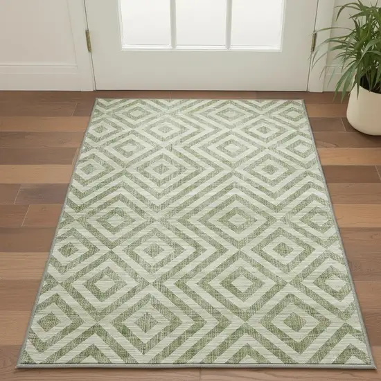 Green And Beige Geometric Washable Area Rug With UV Protection Photo 2