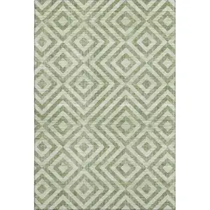 Photo of Green And Beige Geometric Washable Area Rug With UV Protection