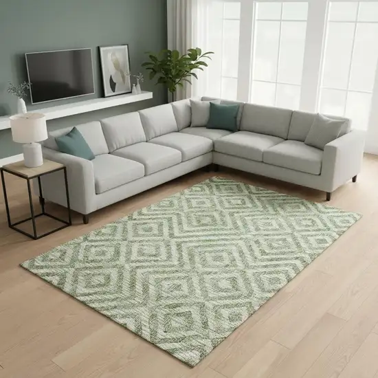 Green And Beige Geometric Washable Area Rug With UV Protection Photo 2
