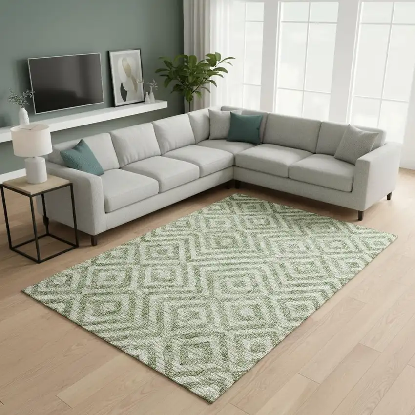 Green And Beige Geometric Washable Area Rug With UV Protection Photo 2