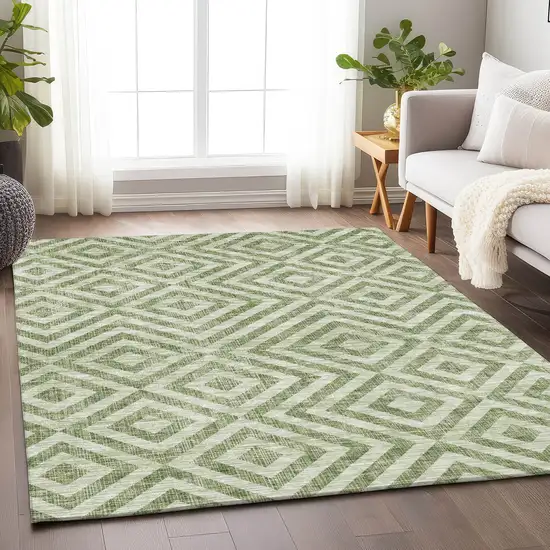 Green And Beige Geometric Washable Area Rug With UV Protection Photo 4