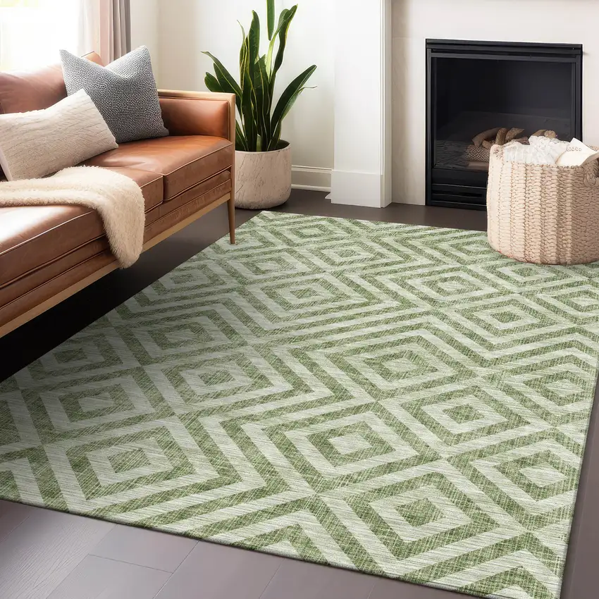 Green And Beige Geometric Washable Area Rug With UV Protection Photo 5