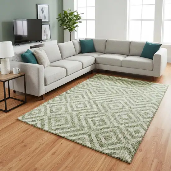 Green And Beige Geometric Washable Area Rug With UV Protection Photo 2