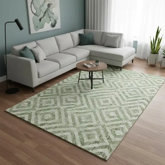 Green And Beige Geometric Washable Area Rug With UV Protection Photo 2