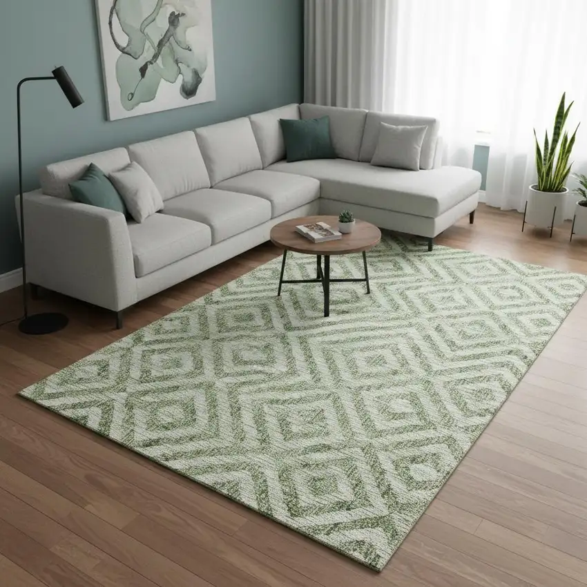 Green And Beige Geometric Washable Area Rug With UV Protection Photo 2