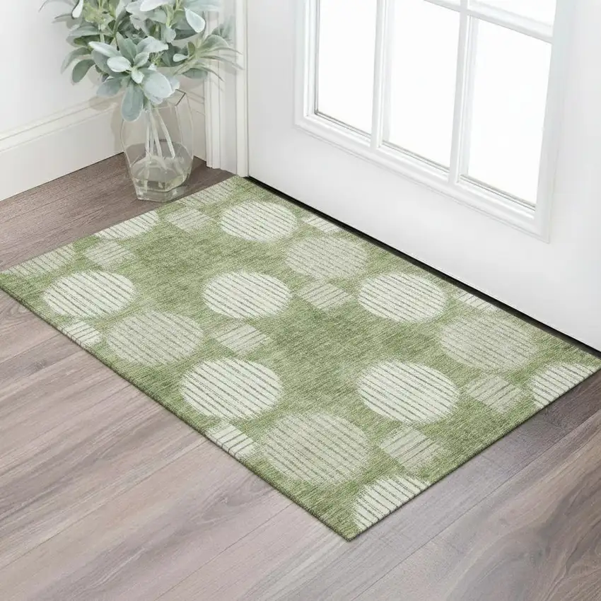 Green And Beige Geometric Washable Area Rug With UV Protection Photo 1