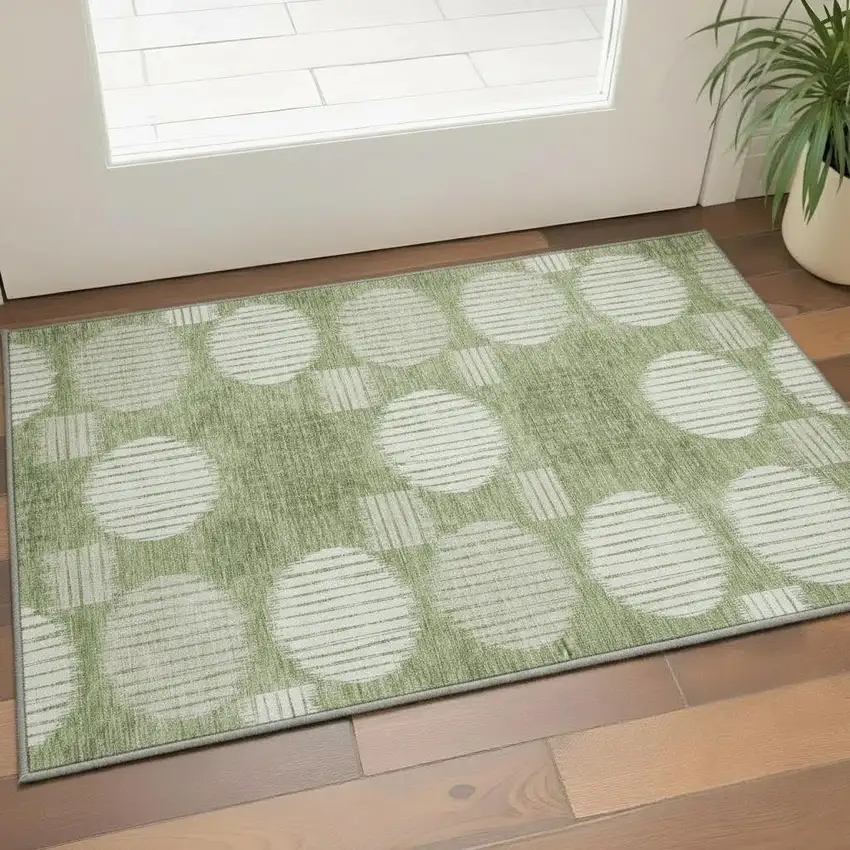 Green And Beige Geometric Washable Area Rug With UV Protection Photo 2