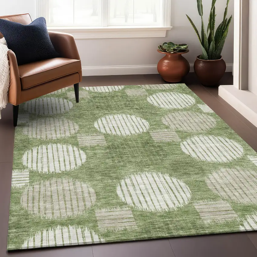 Green And Beige Geometric Washable Area Rug With UV Protection Photo 5