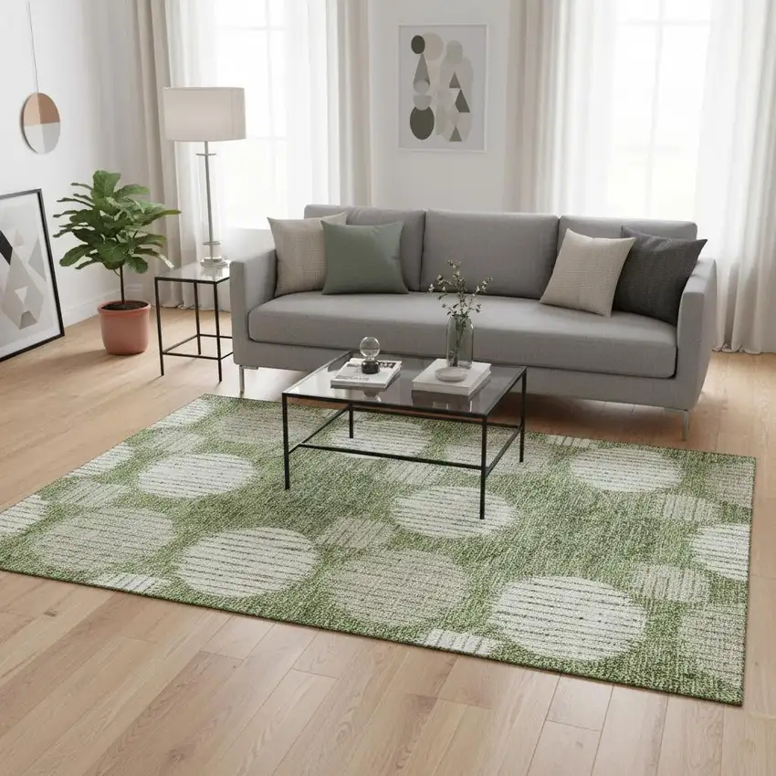 Green And Beige Geometric Washable Area Rug With UV Protection Photo 2