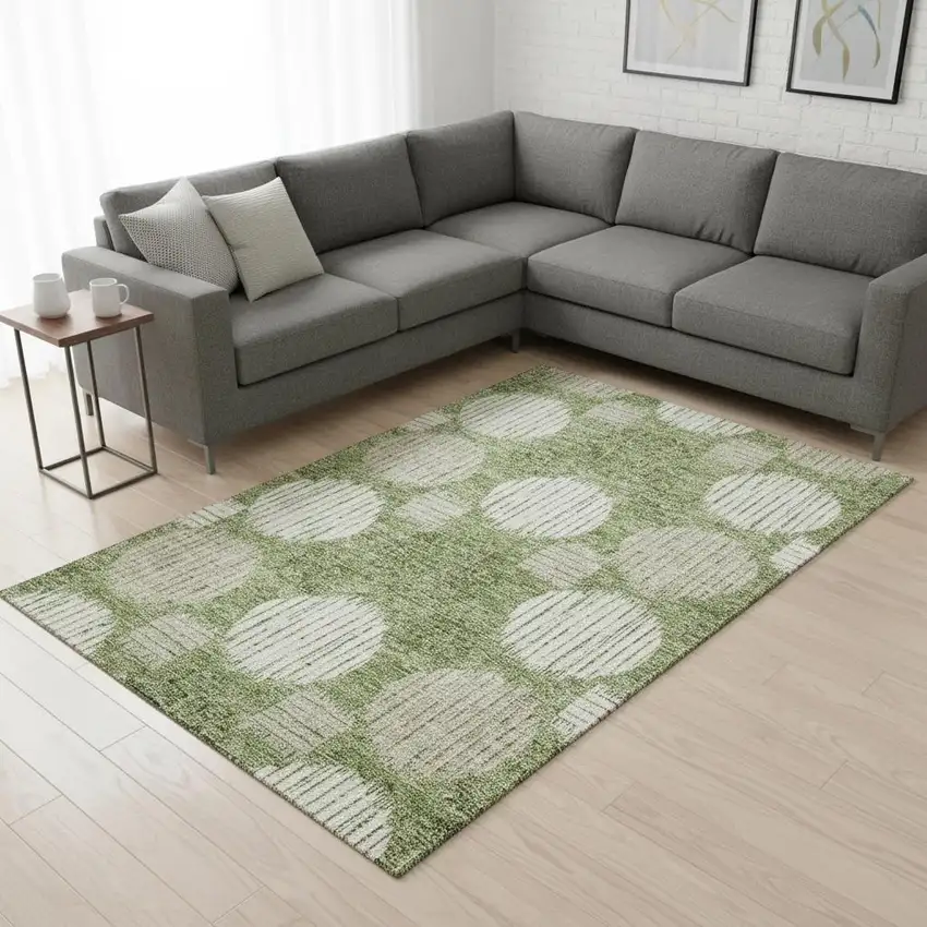 Green And Beige Geometric Washable Area Rug With UV Protection Photo 2