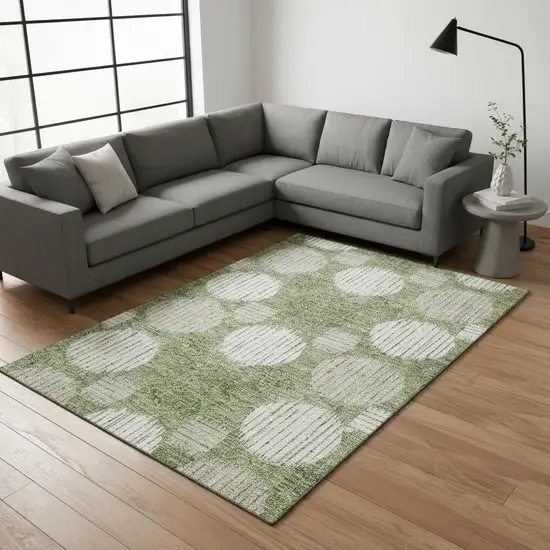 Green And Beige Geometric Washable Area Rug With UV Protection Photo 2