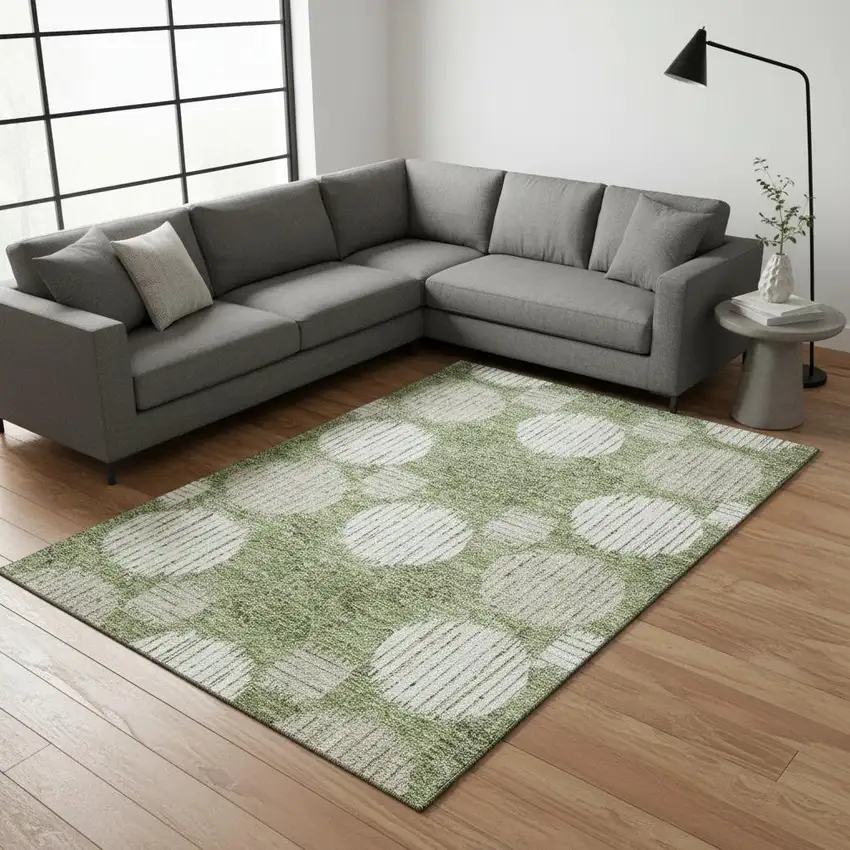 Green And Beige Geometric Washable Area Rug With UV Protection Photo 2