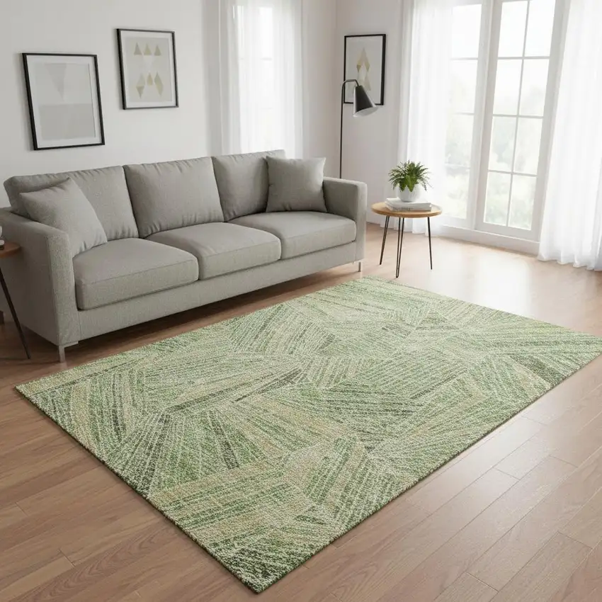 Green And Beige Geometric Washable Area Rug With UV Protection Photo 2