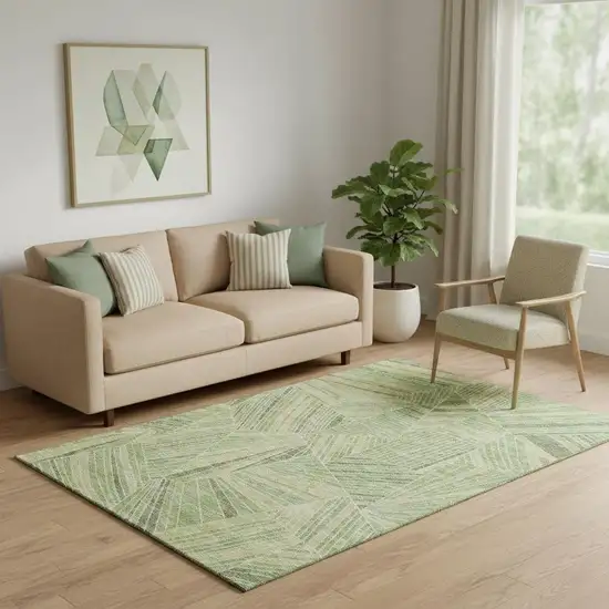 Green And Beige Geometric Washable Area Rug With UV Protection Photo 1