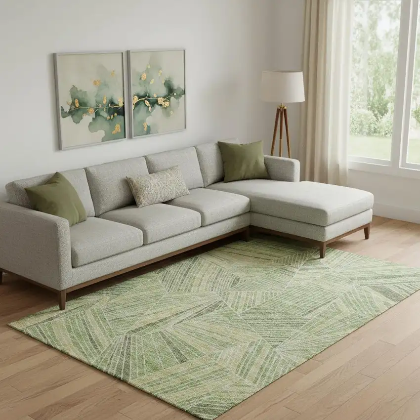 Green And Beige Geometric Washable Area Rug With UV Protection Photo 1